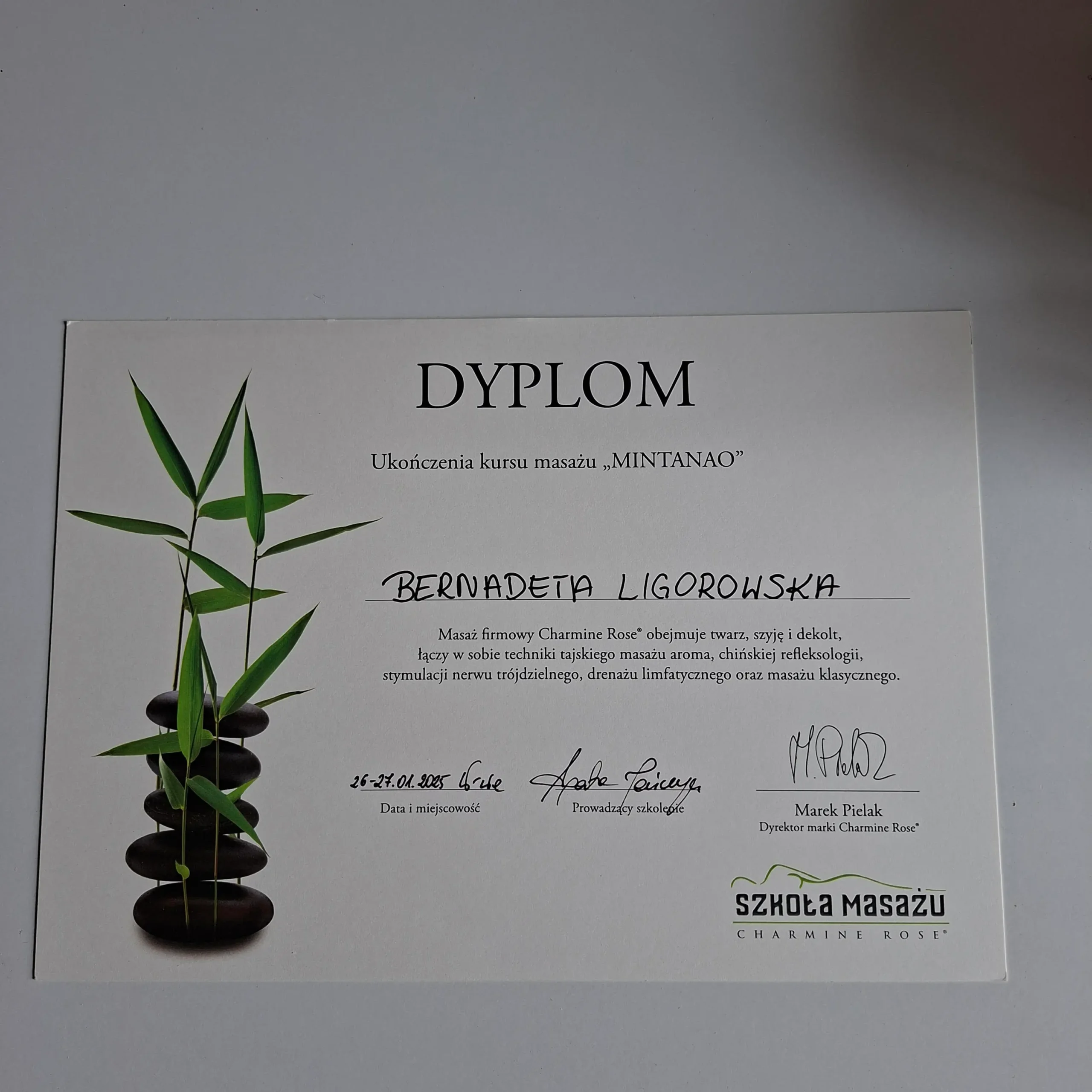 Dyplom kursu masażu MINTANAO